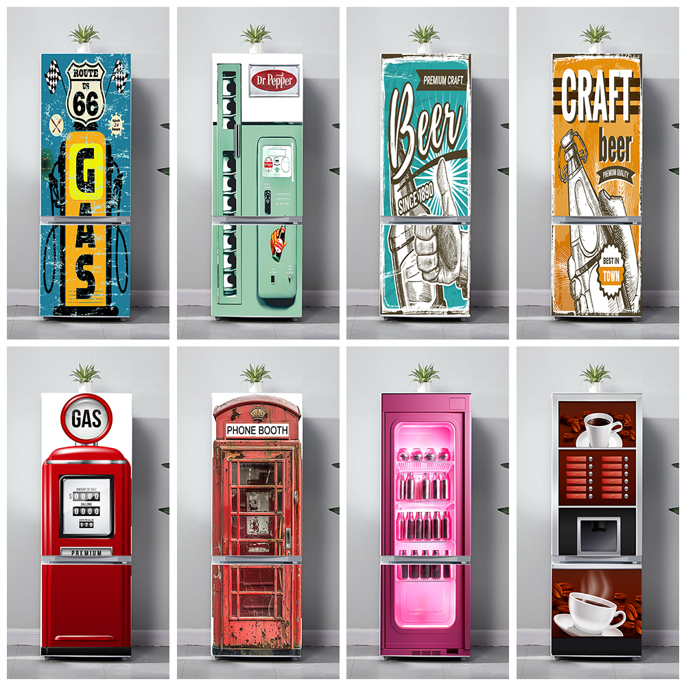 Kitchen Baking Cabinet - Retro Telefon Kulübesi Baskılı Buzdolabı Kapı