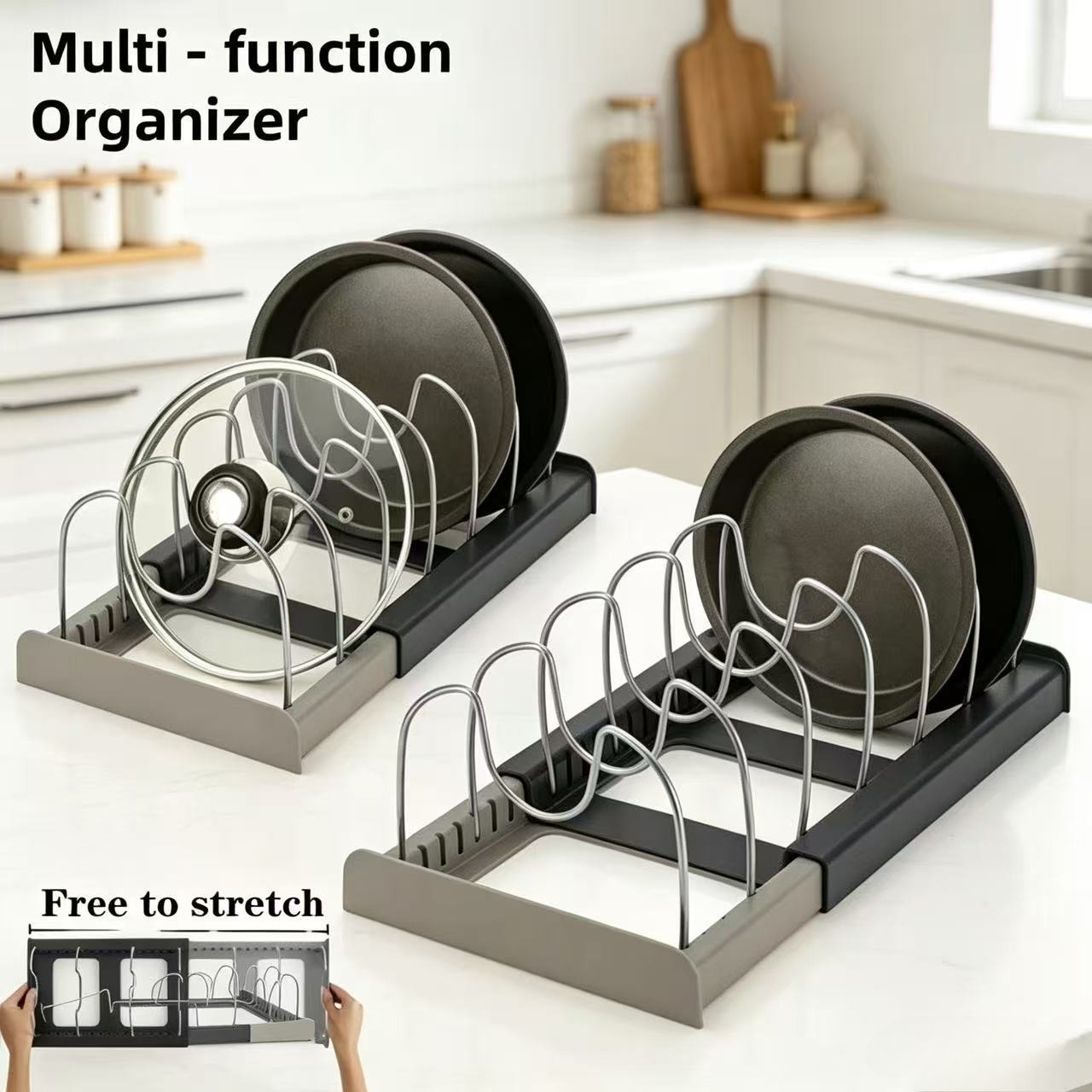 Kitchen Baking Pan Organizer - 7 Bölmeli Teleskopik Tencere Rafı, Tava