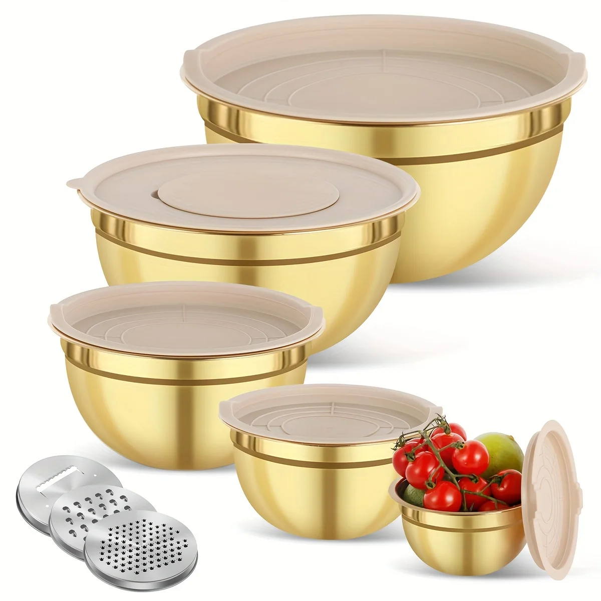 Kitchen Baking Bowls - 10 parçalı altın rengi paslanmaz çelik